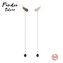 PANDOO модная подвеска Стерлинговое Серебро 1:1 копия, легкое перо Длинные изысканные серьги гвоздики женские Роскошные Ювелирные изделия Подарки