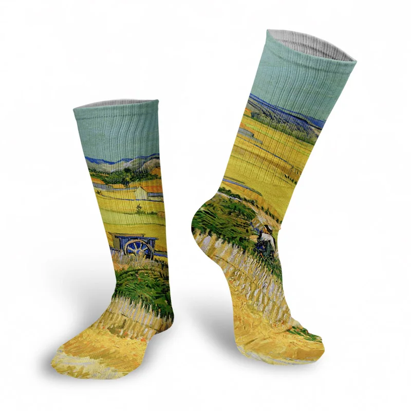 New Style Oil Painting Eiffel Tower Art Socks Men Women Pure Cotton Harajuku Retro Pastoral Scenery Happy Long Tube Funny Socks