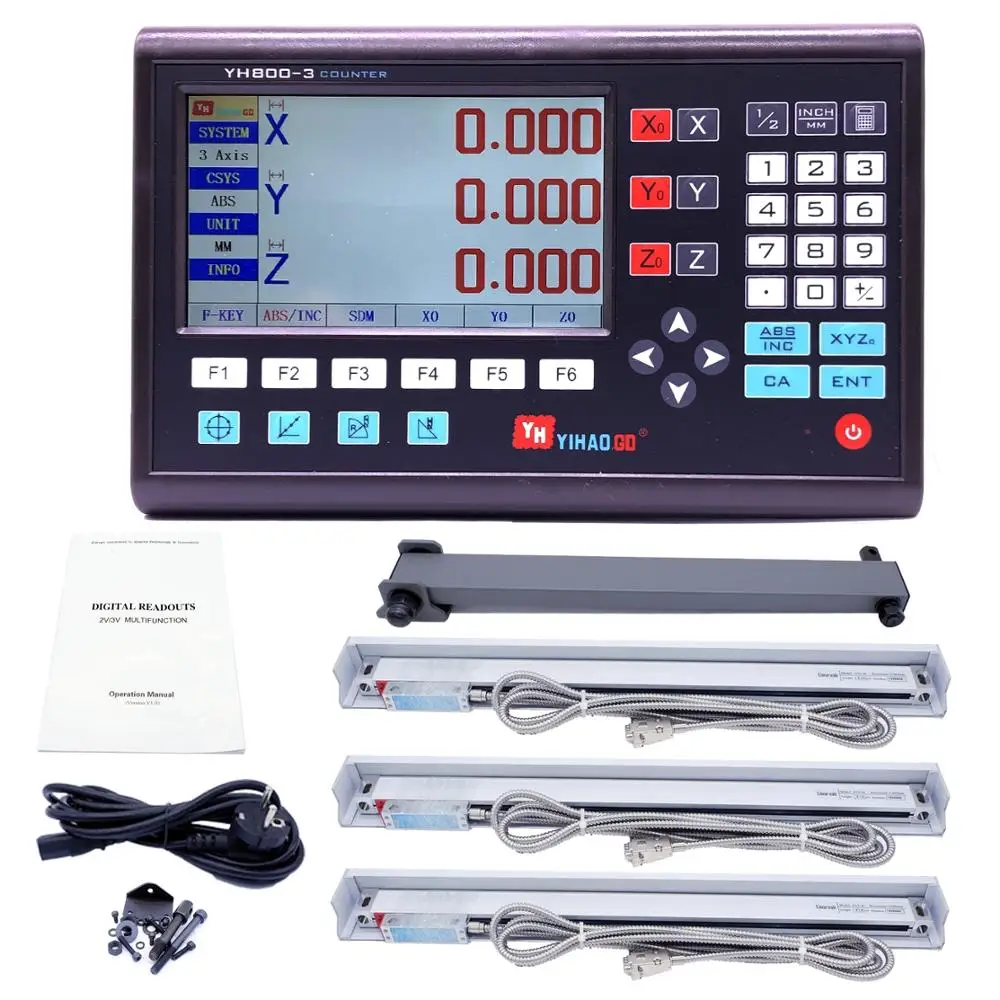 Complete Set 3 Axis LCD Digital Readout DRO with 3 Pieces 0-1000mm Glass Linear Scale Encoder Sensor For Milling Lathe YH800-3