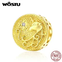 WOSTU,, 925 пробы, серебряный, золотой, единорог, бусины, круглые, амулеты, Золотая подвеска, подходит для оригинального браслета, серебро 925, ювелирное изделие CQC1331