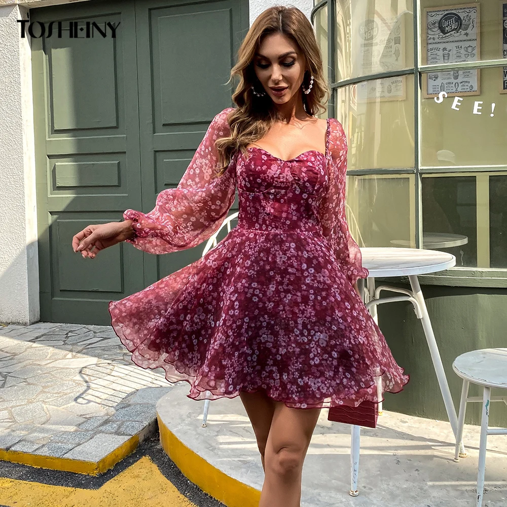 Tosheiny Bohemia A Line Mini Dresses Women Puffles Long Sleeve Floral Print Backless Beachwear Short Party Dress M01196