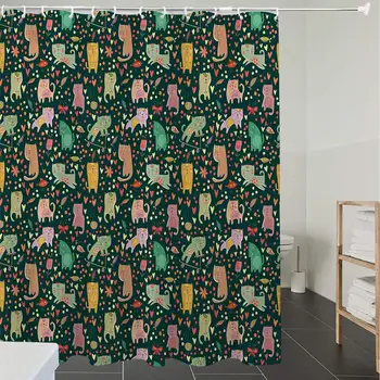 

Shower Curtain Fabric Polyester Fabric,Waterproof, Machine Washable, Cat,Children Cartoon Style Feline Pattern on a Hearts Dots