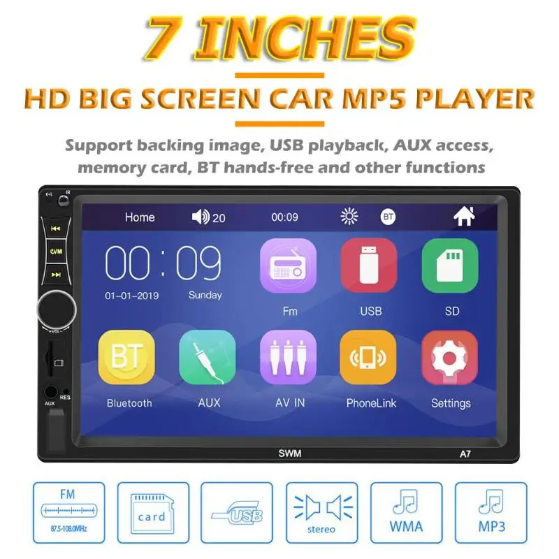 

SWM A7 Car Radio HD 7" Touch Screen Stereo Bluetooth 12V 2 Din FM Aux Input Auto MP5 Player USB MP4 Head Unit
