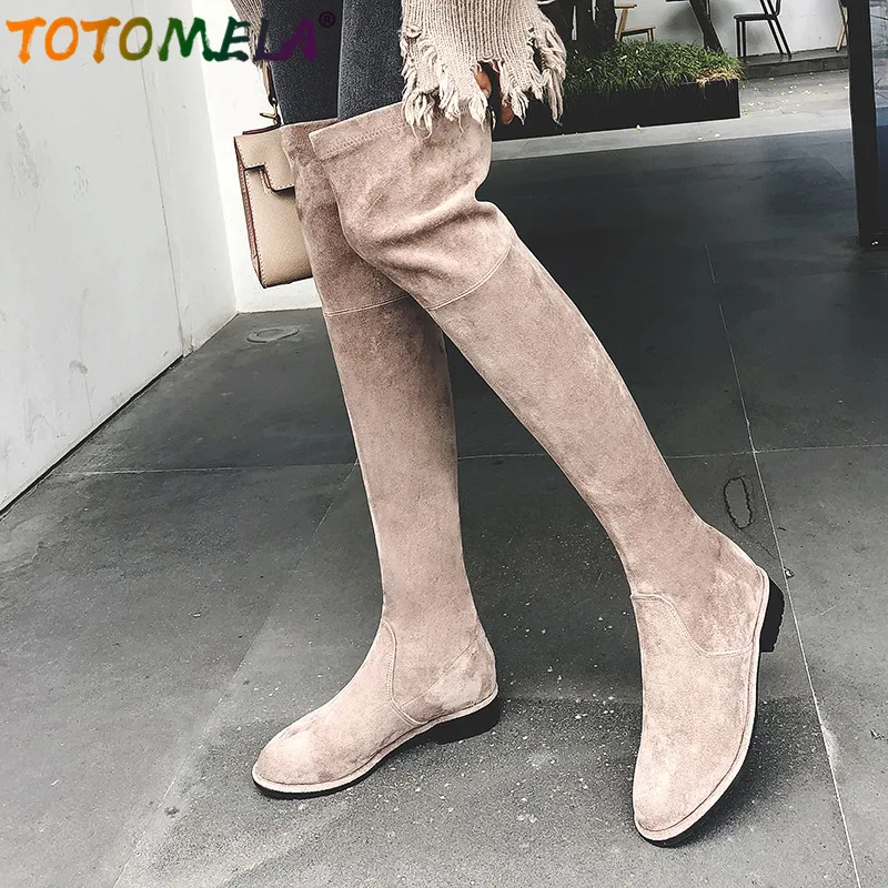 

TOTOMELA 2020 New High quality suede boots square low heel over the knee boots spring autumn shoes ladies thigh high boots