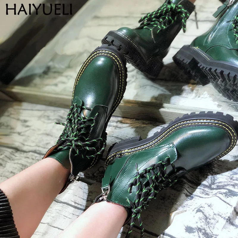 Красные ботинки модные Martens на низком каблуке со шнуровкой женские ботильоны в