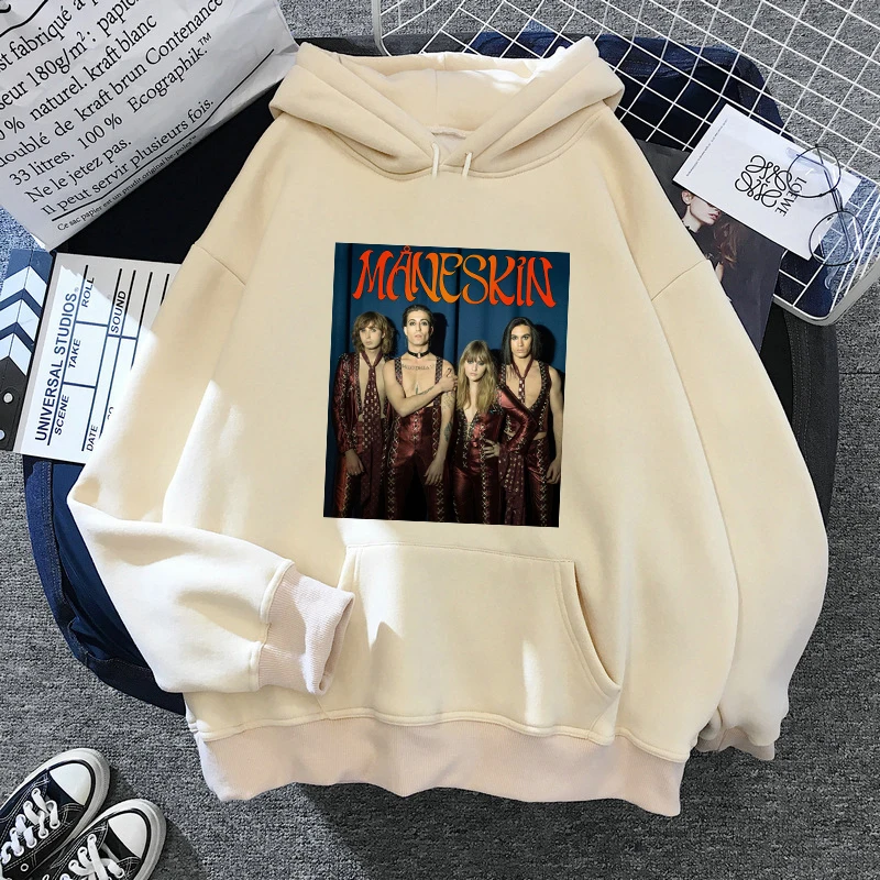 Spring Autumn Maneskin Band Hooded Sweatshirts Women Fashion Hoodies Cartoons Casual Clothes Hooded Pullover Khaki Kawaii Femme