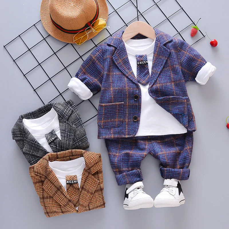 Комплект одежды для маленьких мальчиков, коллекция года, Осенняя детская одежда в джентльменском стиле костюм в клетку для мальчиков+ штаны+ рубашка, комплект из 3 предметов Одежда для новорожденных