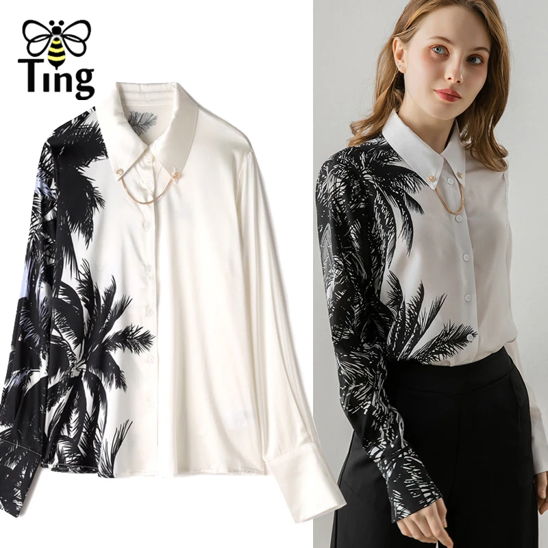 Tingfly diseñador estampado de palmeras de raso de alta calidad Blusas abotonada mujeres Casual Camisas Blusas camisas trabajo de oficina|Blusas y camisas| - AliExpress