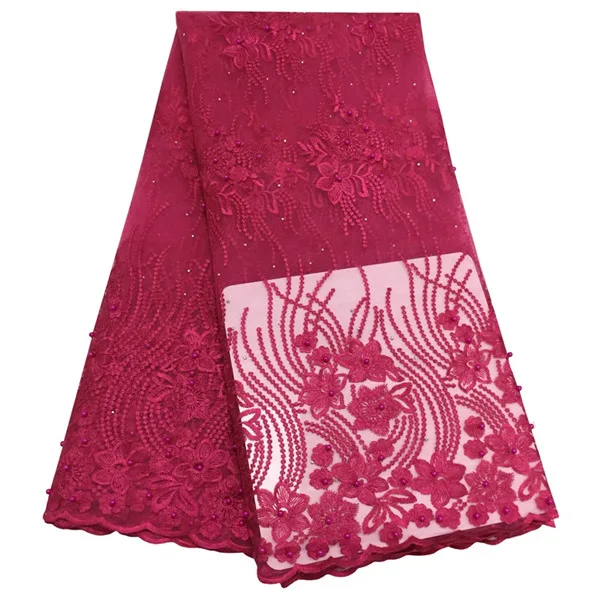 rose red Новейшая африканская кружевная ткань с цветочной вышивкой нигерийские швейцарские кружева с бисером высокого качества для свадебного платья - Цвет: rose red