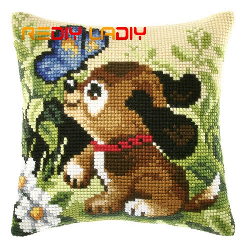 Günstige DIY Kreuz Stich Kissen Vorne Garten Welpen Blumen Kissen Klobigen Kreuz Stich Kits 100% Acryl Garn Kissen Fall Kunst   handwerk