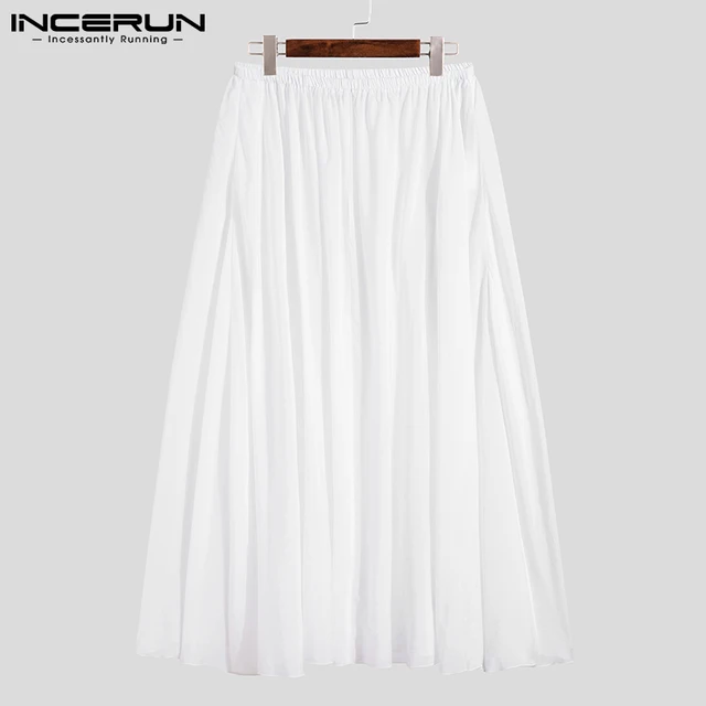 INCERUN American Style Men's Fashion Pantalons Loose Comeforable Long Pant Casual Streetwear Micro-transparent Long Skirts S-5XL White