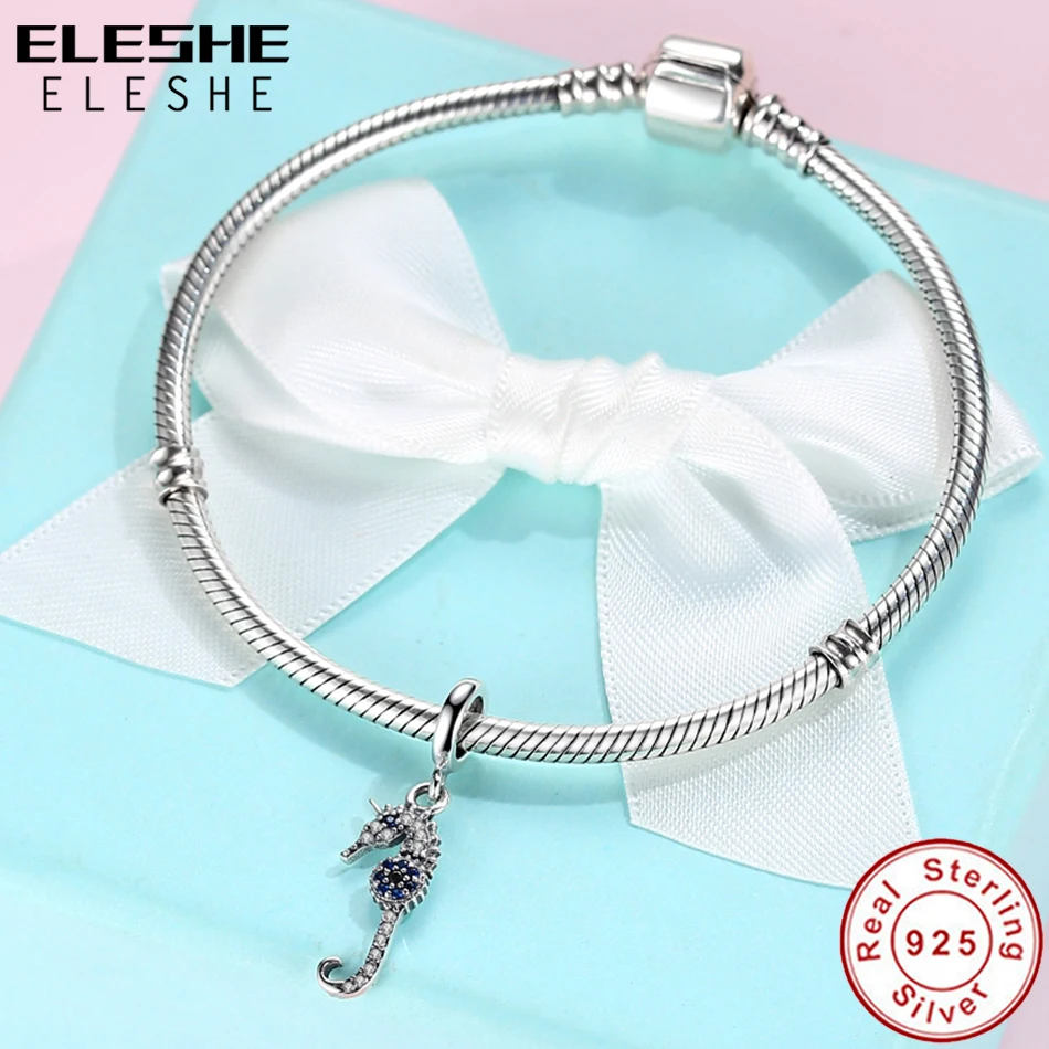ELESHE,, серебряные бусины 925 пробы, синий кристалл, морской конек, бегемот, кампус, подвески, подходят к оригинальному браслету, ожерелье, сделай сам, хорошее ювелирное изделие