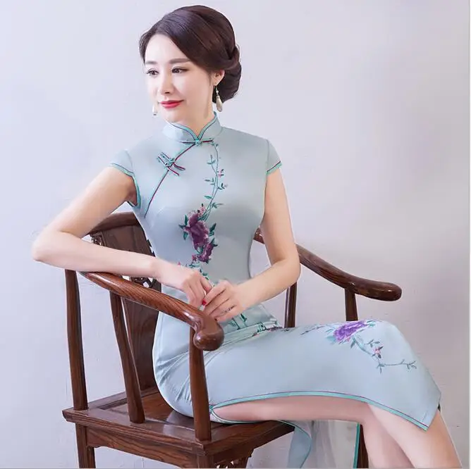 Для женщин, из искусственного шелка Qipao воротник стойка ручной работы Кнопка Cheongsam Новинка китайский формальный печати платье Большие размеры M L XL XXL XXXL - Цвет: Небесно-голубой