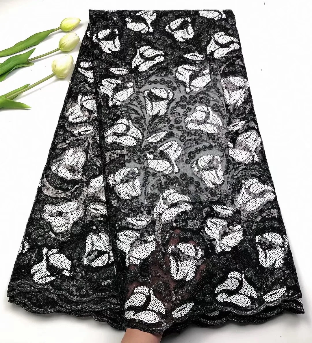 

(5yarda/pc) Elegant black and white African sequins net lace Newest embroidered French lace fabric for party dress FHS030