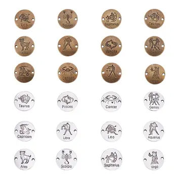 

48pcs Tibetan Style Flat Round Alloy Zodiac Horoscope Link Bracelet Connectors