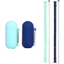 Многоразовые силиконовые соломинки-2 Упаковка портативный складной соломинка с силиконовый чехол и щетка для очистки BPA бесплатно(синий и зеленый