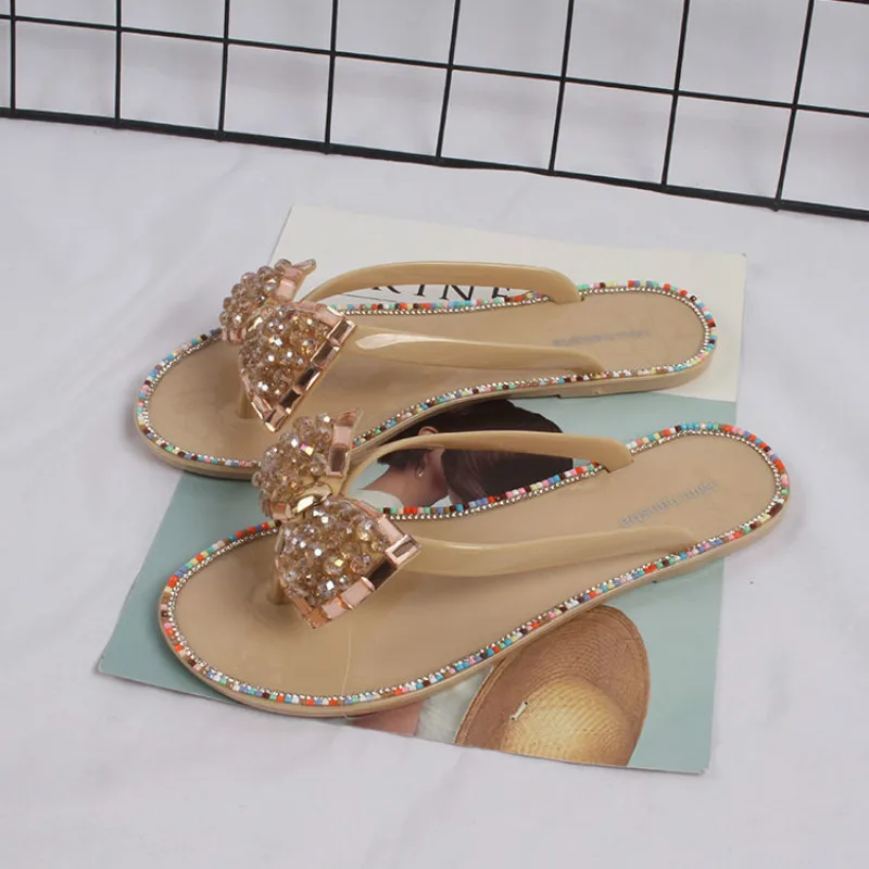 New Female Flip Flops Summer Fashion Colored Diamond Beaded Outdoor