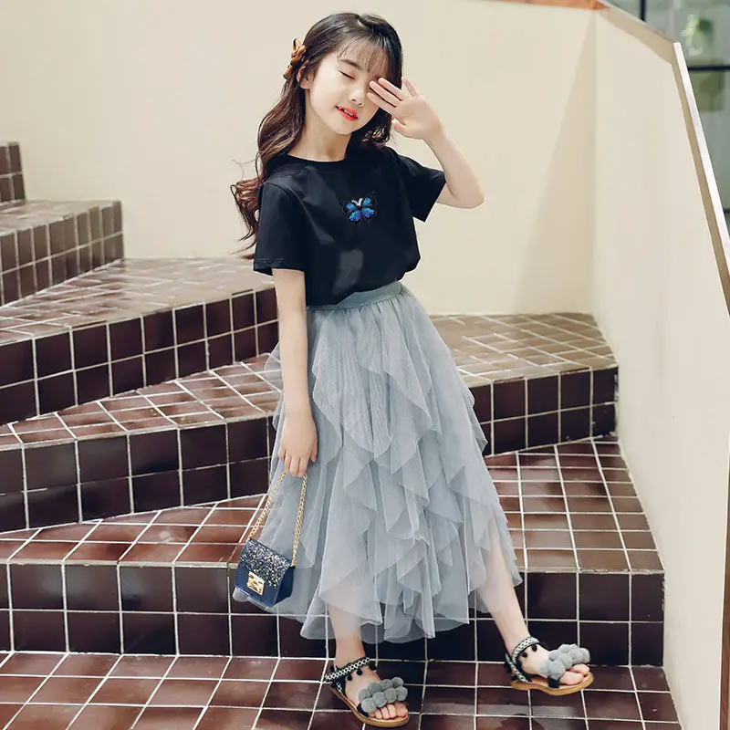 8 10 12 years Old Girls Mesh Skirts Clothes Set Summer Casual Elegant Teen Big Outfit T-shirt Skirt Mesh Princess Kid Clothing kids clothing set girls clothing set