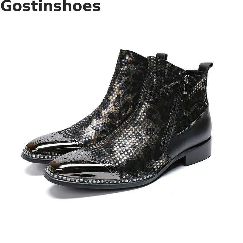 

Men Boots Genuine Leather Polka Dots Printed Cut-out Metal Capped Toe Breathable Ankle Boots Metal Bordered Side Zipper