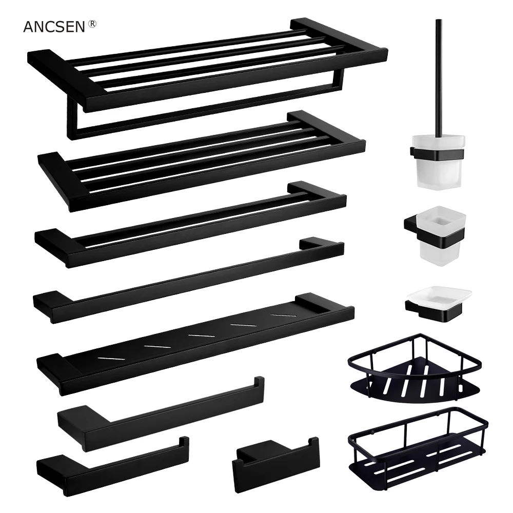 

Matte black Stainless steel Bathroom hardware set Towel ring Corner rack Paper rack Towel bar Toothbrush bar Bathroom accessorie