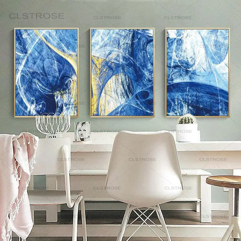 

Nordic Minimalist Blue Abstract Canvas Painting Home Decoration Psychedelic Line Geometric Triptych Post Wall Art Canvas Picture