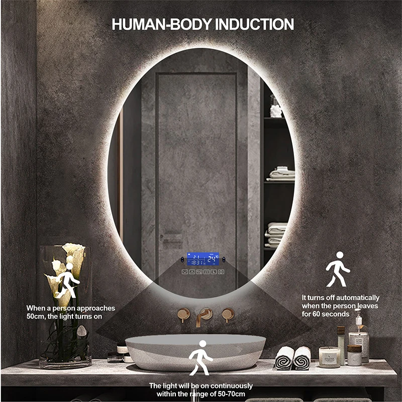Bluetooth Smart Oval Bathroom LED Makeup Mirror With Warm White Color Light human body induction Anti-fog Hotel Beauty Mirrors