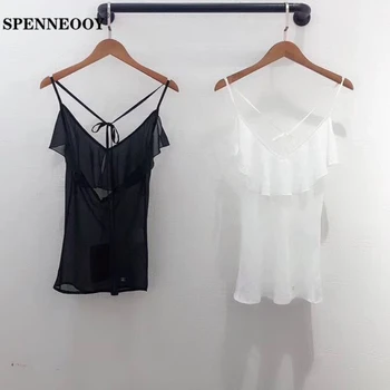

SPENNEOOY Designer Custom Runway Women Summer Solid Sexy Sheer Knotted Strap Tops Ladies Elegant Ruffles Backless Club Tops