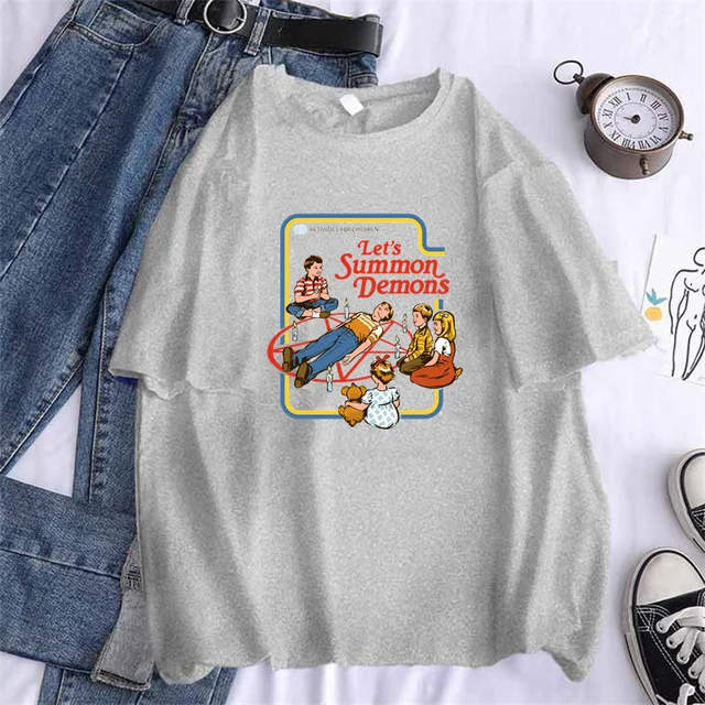 Let's Summon Demons Printing Women's Funny T Shirts 2021 Summer Round Neck Clothes Oversize Harajuku 90s Top Tee,Drop Ship T286A-Grey