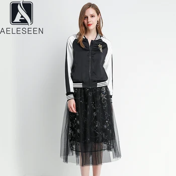 

AELESEEN 2020 Spring Runway Design Twinset Luxury Beading Brooch Baseball Jacket + Elegant Mesh Embroidery Mid-Calf Skirt Set