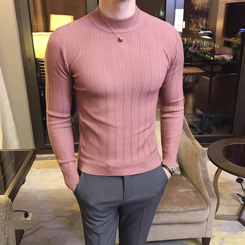 Осенне-зимний бренд высокого класса модный бутик хлопок полосатый мужской повседневный обтягивающий свитер с воротником хомут мужской однотонный вязаный свитер - Цвет: Розовый