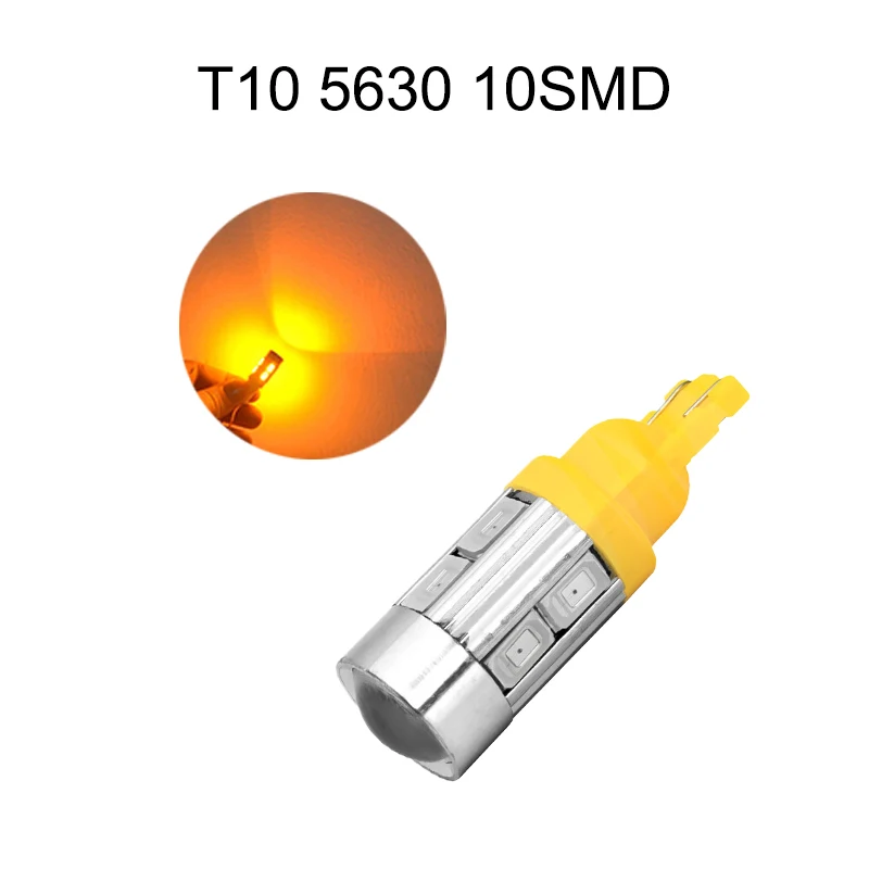 

10Pcs T10 Yellow 12V W5W 5630 10SMD Wedge LED Car Bulbs For 192 168 194 2825 Clearance Lamps License Plate Lights