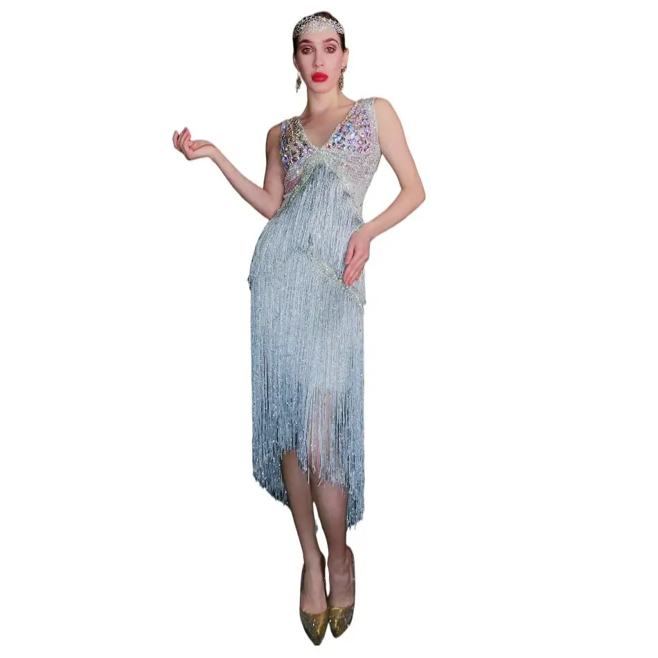 

New Sparkly Rhinestone Fringe Dress Stretch Singer Dress Nightclub Dancer Celebrate Prom Party Birthday Outfit Stage Costume