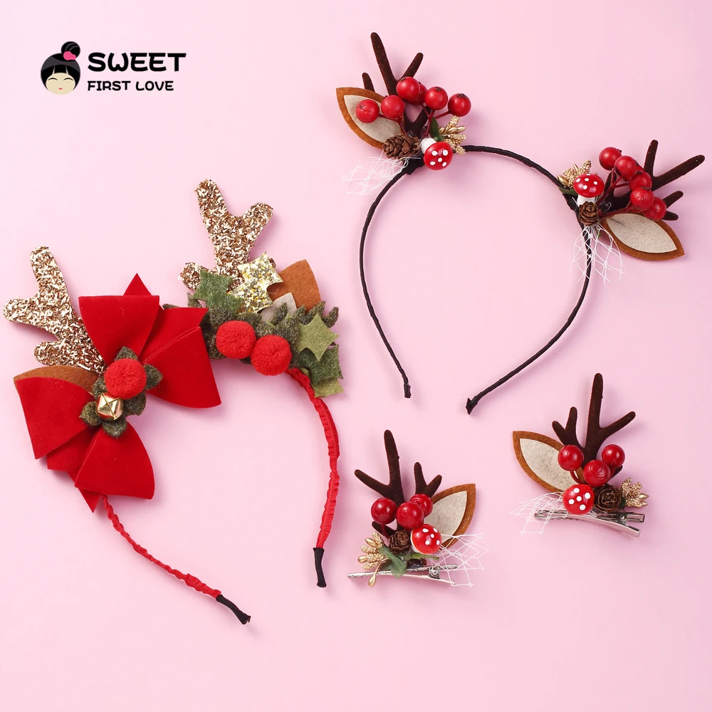 

2PCS Christmas Hairbands Santa Tree Elk Antlers Headband Kids Headwear With Clips Ornaments Christmas Decorations Party Cosplay