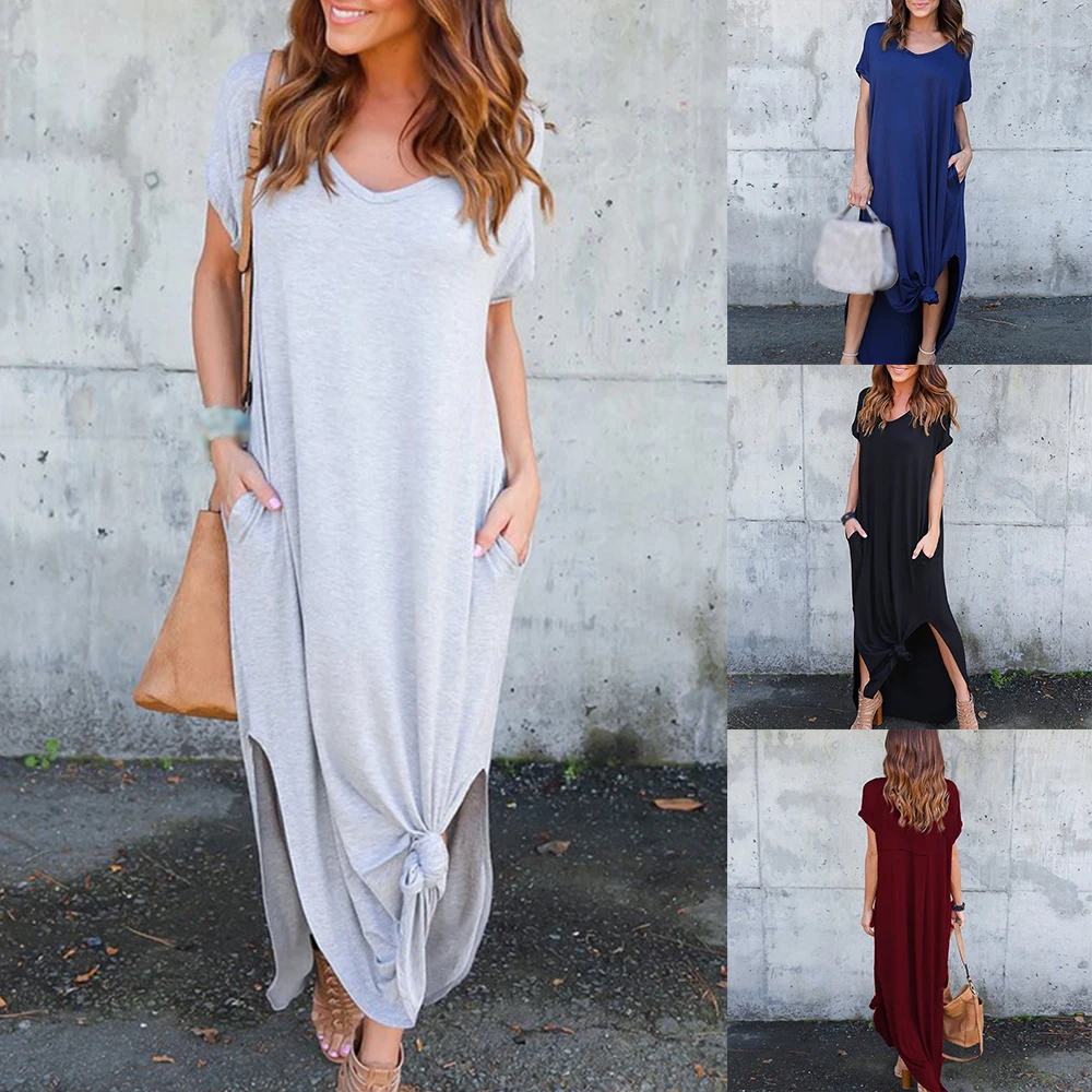 women's casual loose pocket long dress short sleeve split maxi dresses