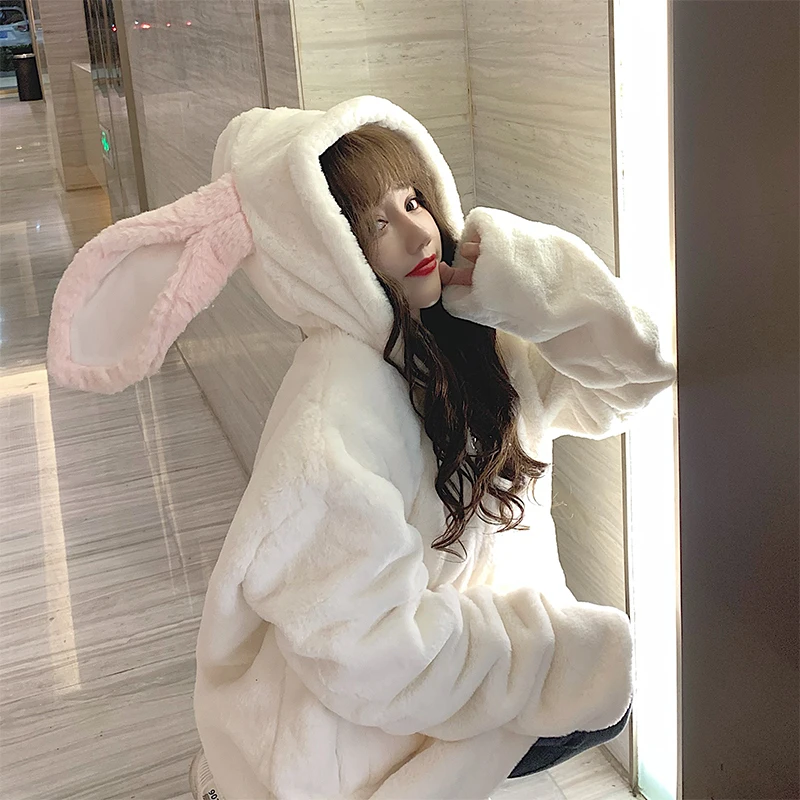 trendy hoodies for women Gothic Harajuku Couple Hoodies Cute Rabbit Ears Black Hooded Outwear Women 2022Sweet Loose Warm Plush Coats Autumn Winter Jacket sweatshirts for girls