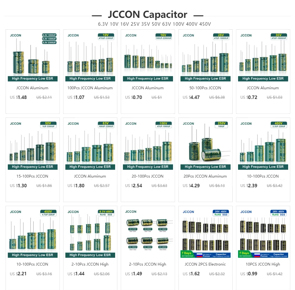 JCCON Aluminum Capacitor 6.3V 10V 16V 25V 35V 50V 63V 100V 400V 450V 100UF 220UF 330UF 680UF 1000UF 470UF High Frequency Low ESR JCCON Aluminum Capacitor 6.3V 10V 16V 25V 35V 50V 63V 100V 400V 450V 100UF 220UF 330UF 680UF 1000UF 470UF High Frequency Low ESR