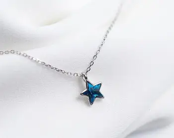 

925 Real. Sterling Silver Jewelry blue Crystal 7MM Small bLue Star Necklace Pendants gift GTLX1189