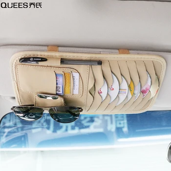 

QUEES Car CD Clip Hanging Sun Visor Multifunctional Car Card Storage Bag Spectacle Frame High-quality Leather Car Accessories