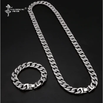 

Heavy Miami Cuban Chain Full Rhinestone Bracelet Necklace Set Gold Silver Color Choker For Men's Hip hop Iced Out Necklaces 13mm