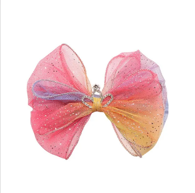 20 pcs/lot, 13.5 cm Rainbow bow hair band New children's hair accessories mesh sequined crown hairpins