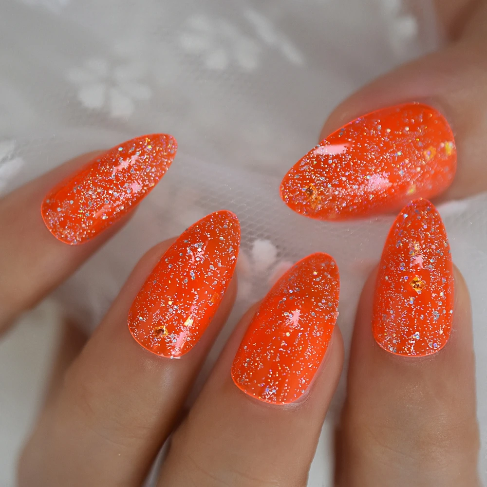 Orange Glitter Stiletto False Nails Jelly Neon Medium Press On Fingernails Transparent Tips Full Cover 24 False Nails Aliexpress
