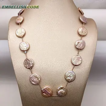 

60cm/24inch +5cm Extended chian necktie long necklace huge peach pink flat round coin pearls with red golden tube for sweater