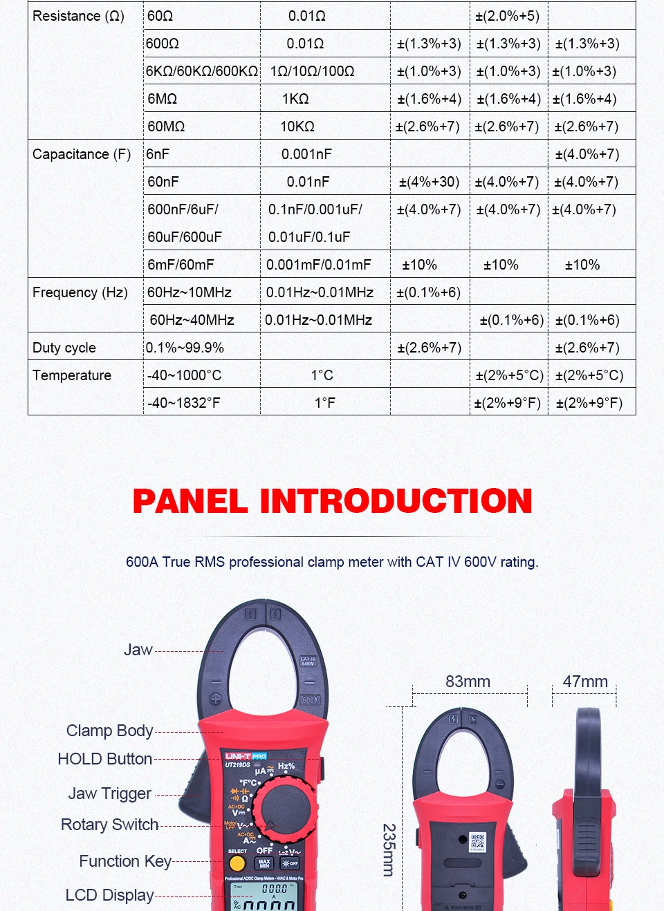 UNI-T UT219E UT219M UT219DS цифровой клещи 600A true RMS для профессиональных электриков, ОВК/р и техники по обслуживанию моторов