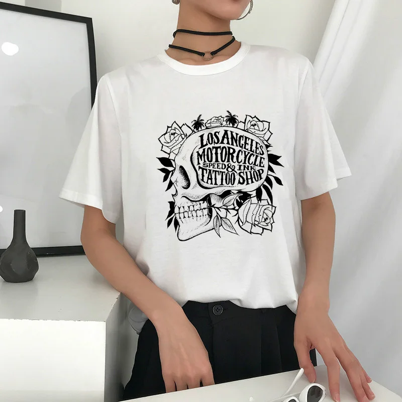 

Graphic Tee loose cool skull printed women T shirt casual short sleeve o-neck loose cotton harajuku shirt