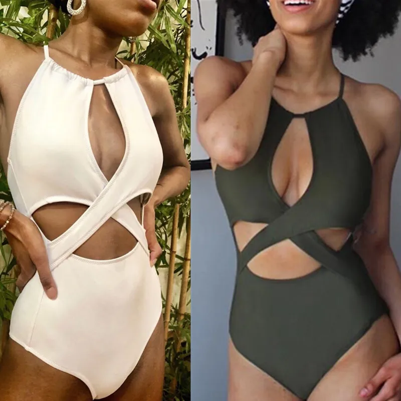 

XXL Women Cut Out Hollow Monokini Bikini Plus Size Push Up Cross Strap Halter Swim Suit Swimsuit Swimwear Plavky Tankini Biquini