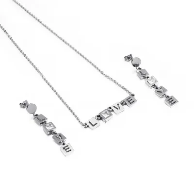 silver Новые длинные серьги-Драгоценности Brinco из нержавеющей стали с подвеской в виде буквы Love и циркония, модные свадебные вечерние ювелирные наборы - Окраска металла: silver
