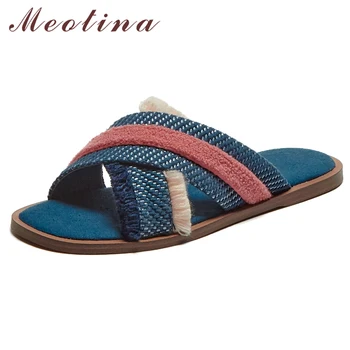 

Meotina Women Slippers Flat Slides Round Toe Flats Beach Shoes Female Summer Causal Sandals Ladies Beige Black Blue Big Size 42