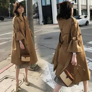 

JuneLove spring women sashes double breasted windbreaker lady casual three quarter sleeve trench vintage coat female jackets