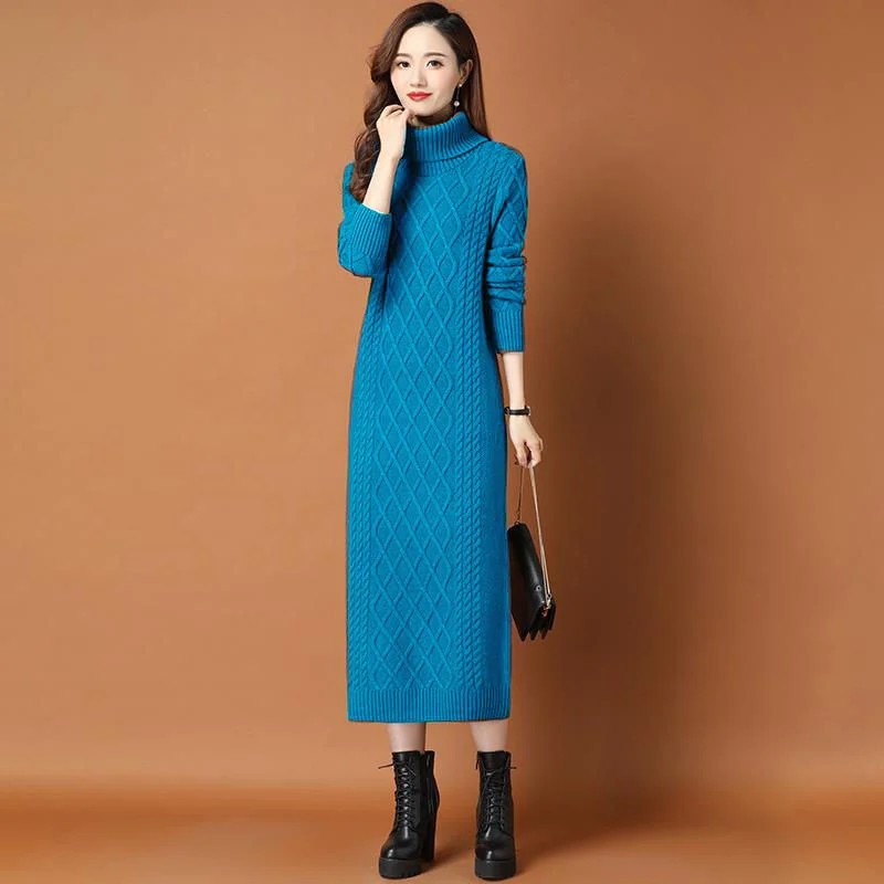 red sweater High-necked Long Sweater Women's Thick Autumn Winter Loose Outwear Twist Base Dresses Knitted Dress Women Turtle Neck Pullover christmas sweaters