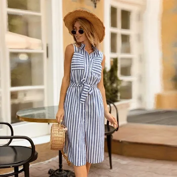 

Women Vintage Front Pockets Striped Sashes Dress Sleeveless Turn Down Collar Elegant Casual Dress 2020 Summer New Fashion Dress
